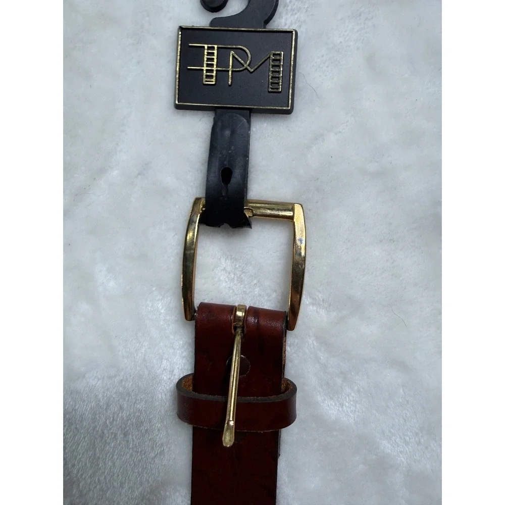 Vintage Top Grain Oil Tan Leather Belt Mens 46 Brown Made in USA Gold Buckle